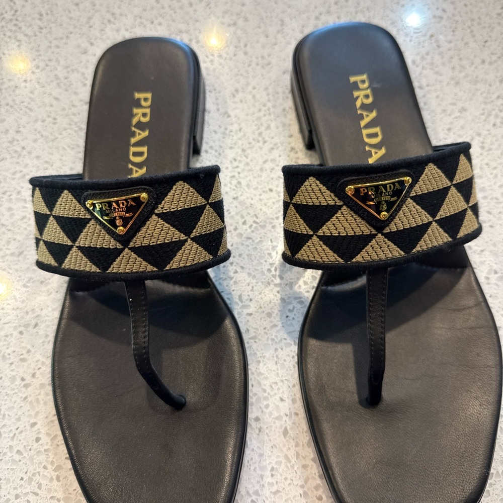 Prada Black Leather Thong Sandals with Gold Geometric Band